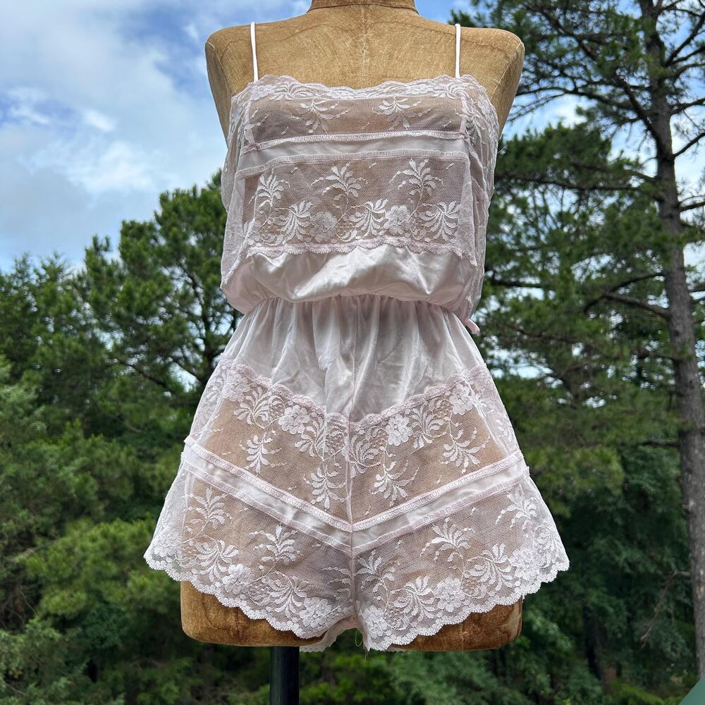 Vintage 70s Pastel Blush Pink Sheer Lace Teddy Romper